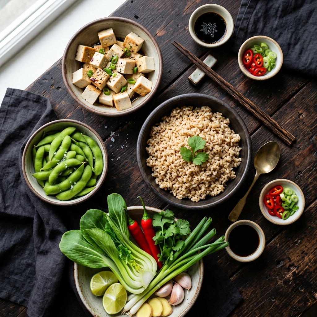 A beautiful, rustic flat-lay arrangement of fresh, raw Asian ingredients on a wooden table. Ingredients include vibrant green vegetables, ginger, and grains.