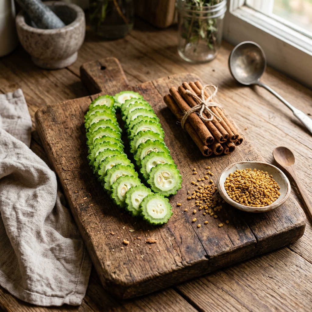 Fresh bitter gourd, cinnamon bark sticks, and fenugreek seeds arranged neatly on a grey background, showcasing traditional remedies.