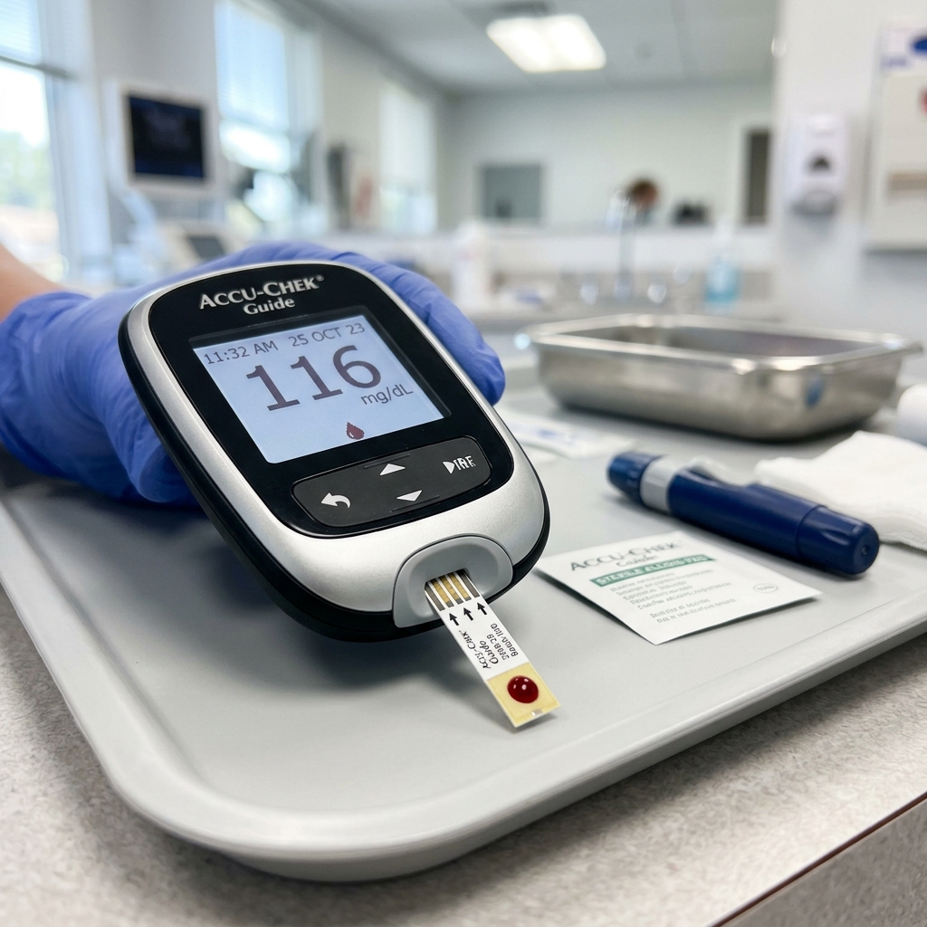 A close-up shot of a hand holding a modern smartphone scanning a CGM patch attached to the upper arm.