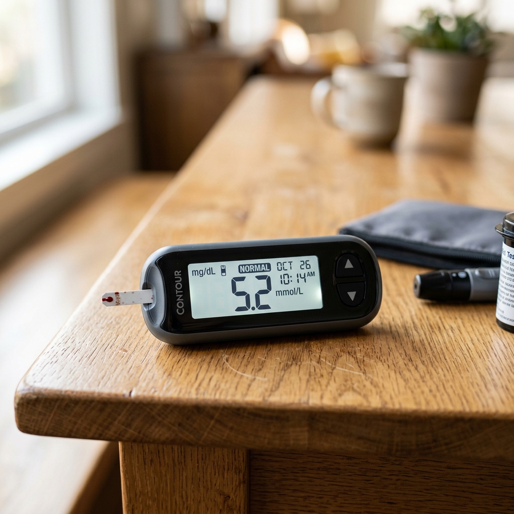 A high-quality editorial image showing a person's hand holding a modern, white continuous glucose monitor (CGM) device in focus.