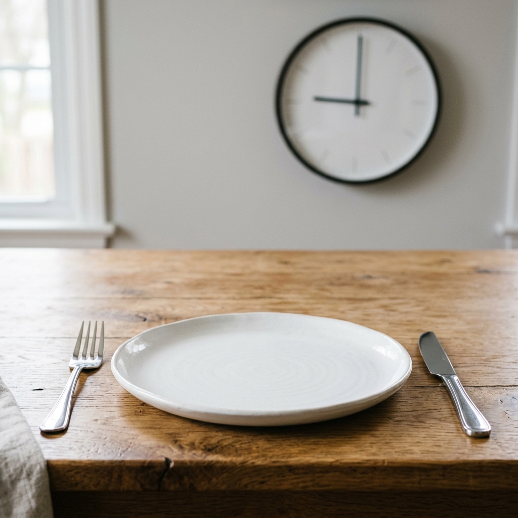 A clock icon resting next to a fresh water glass, representing fasting schedules and clinical time-restricted eating.