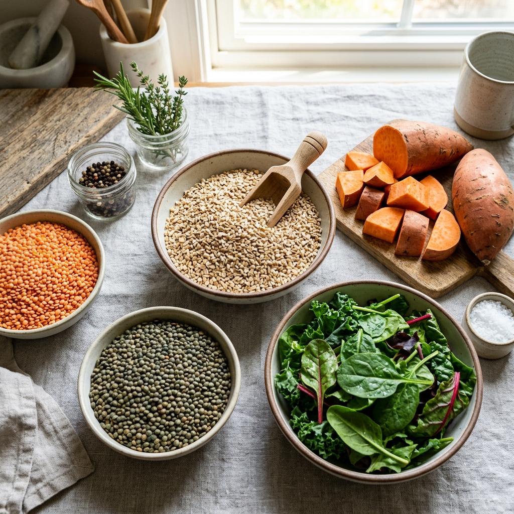 An assortment of raw mung beans, red cargo rice, peanuts, barley, and fresh green leafy vegetables, highlighting low-GI alternatives.