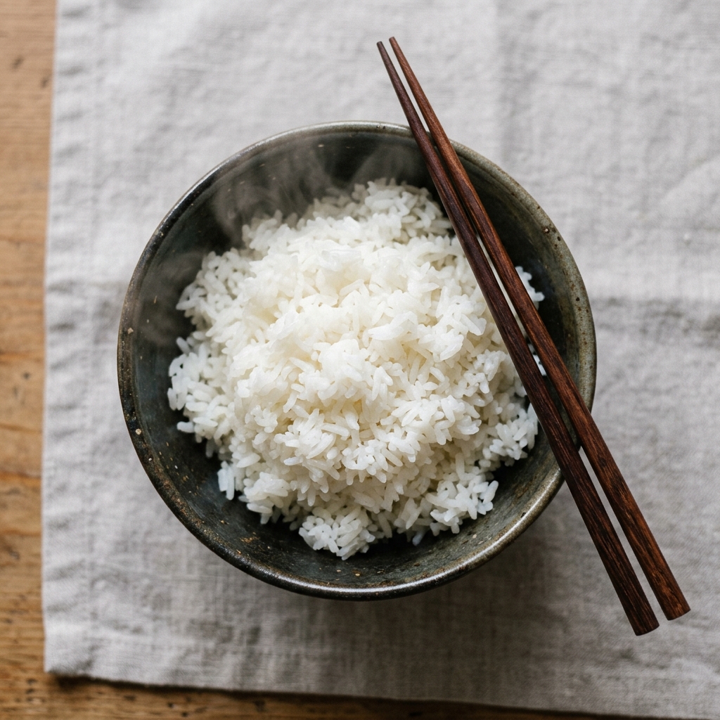 A simple steaming bowl of polished white jasmine rice on a dark table, highlighting the high glycemic load staple.